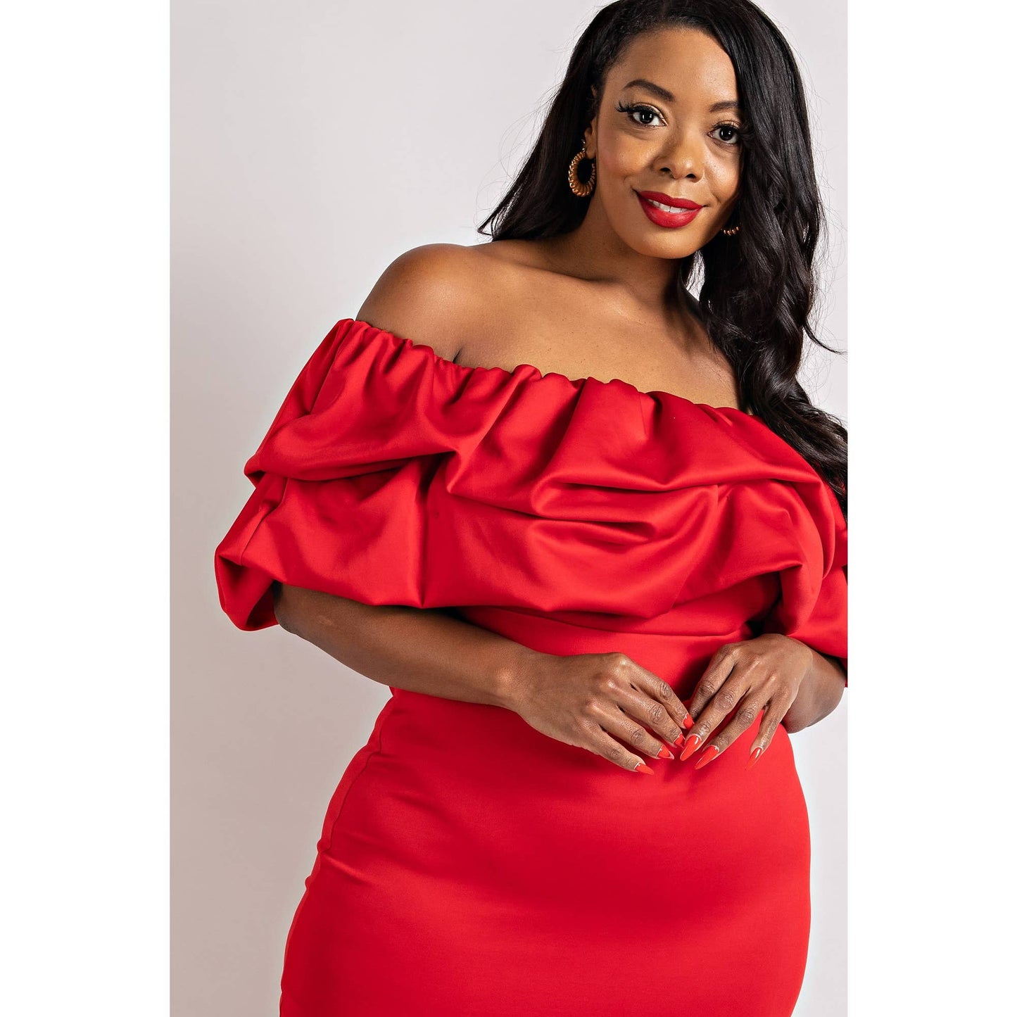 PLUS SIZE MULTI RUFFLE OFF THE SHOULDER DRESS