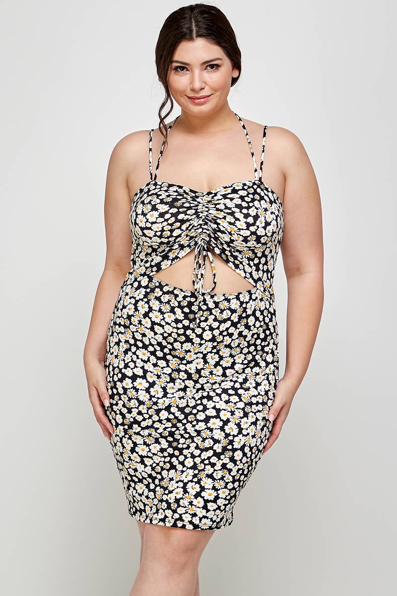 Plus Size Floral Halter Neck Cutout Dress