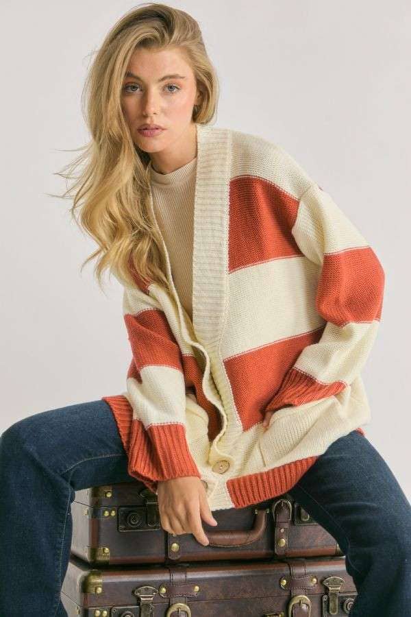 PLUS STRIPE BUTTON DOWN CARDIGAN - Oversize