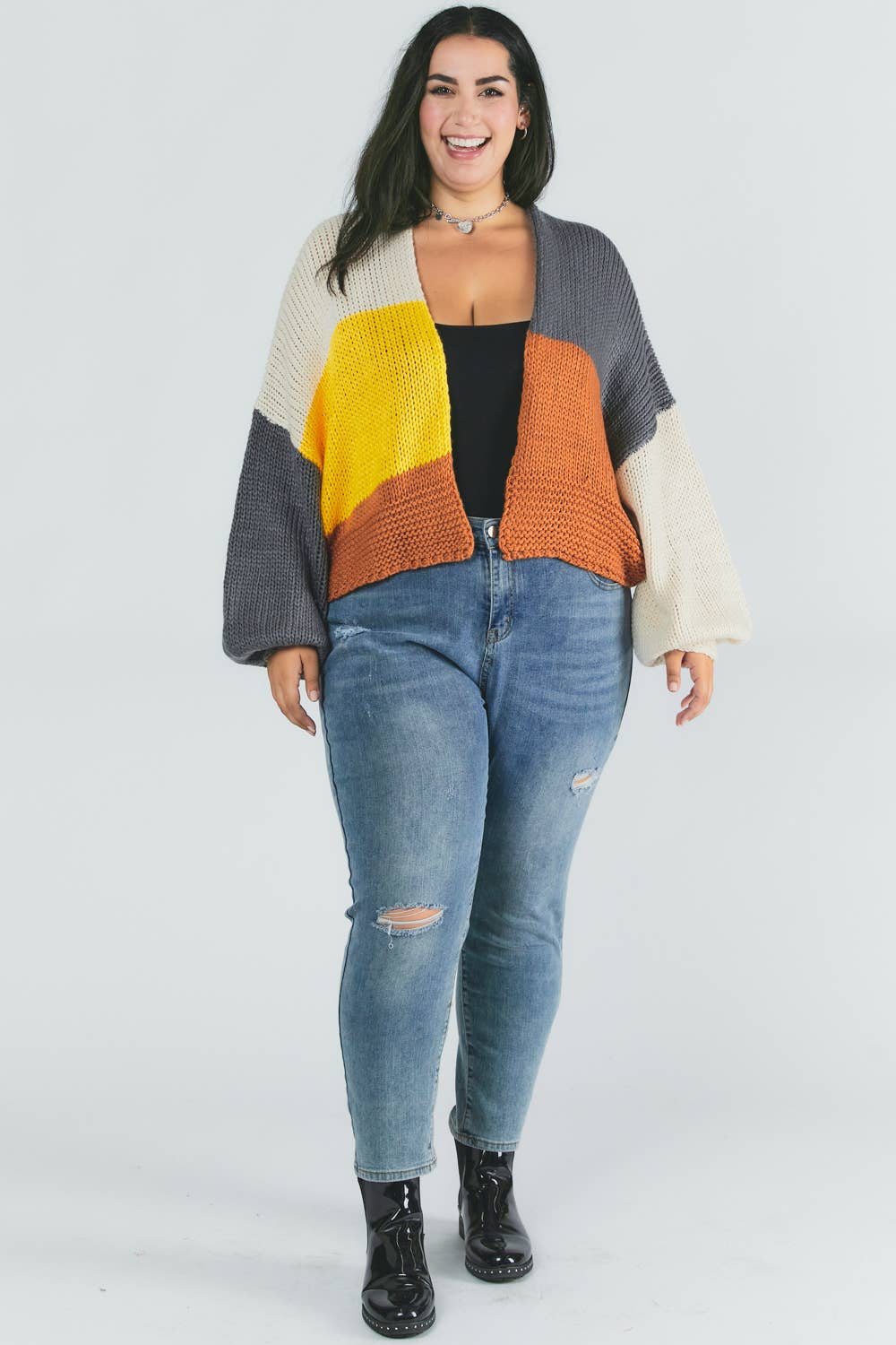 PLUS COLOR BLOCK LONG SLEEVE CARDIGAN