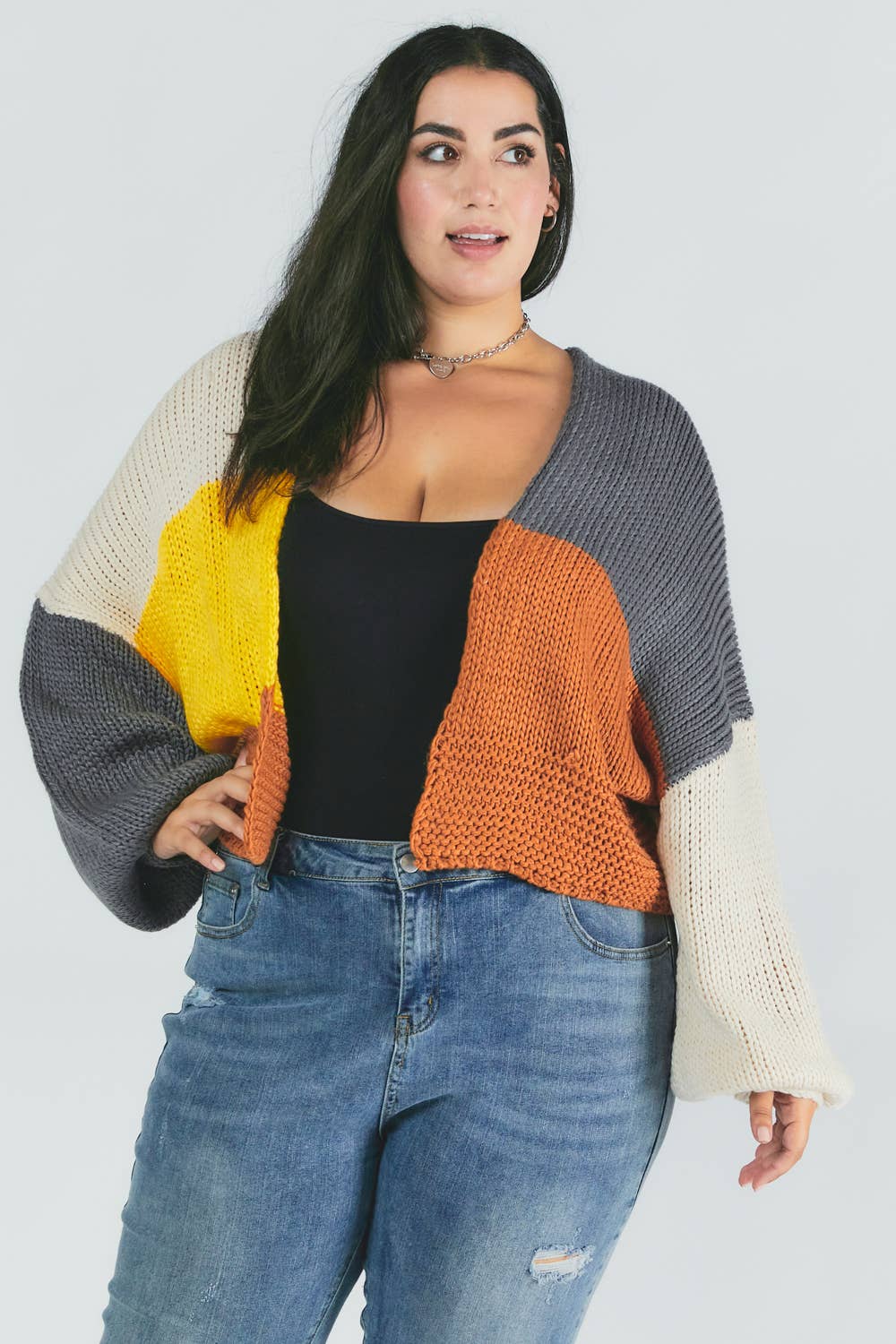PLUS COLOR BLOCK LONG SLEEVE CARDIGAN