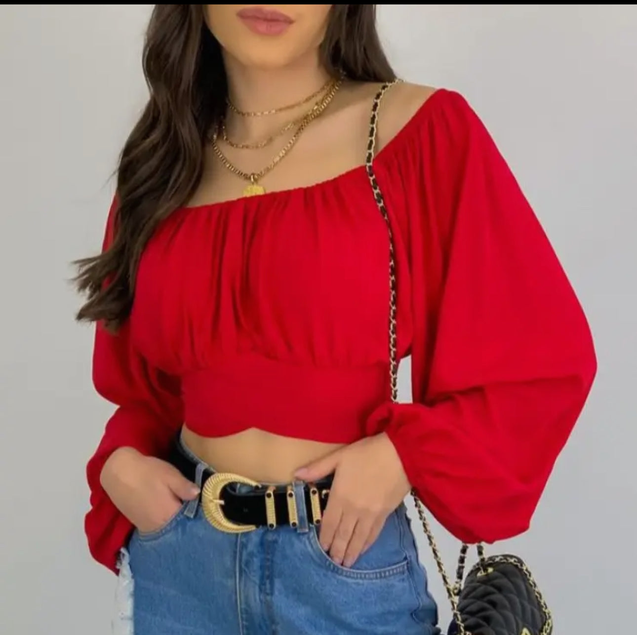 Crop Top Balloon Sleeve Straight-Neck Shirt