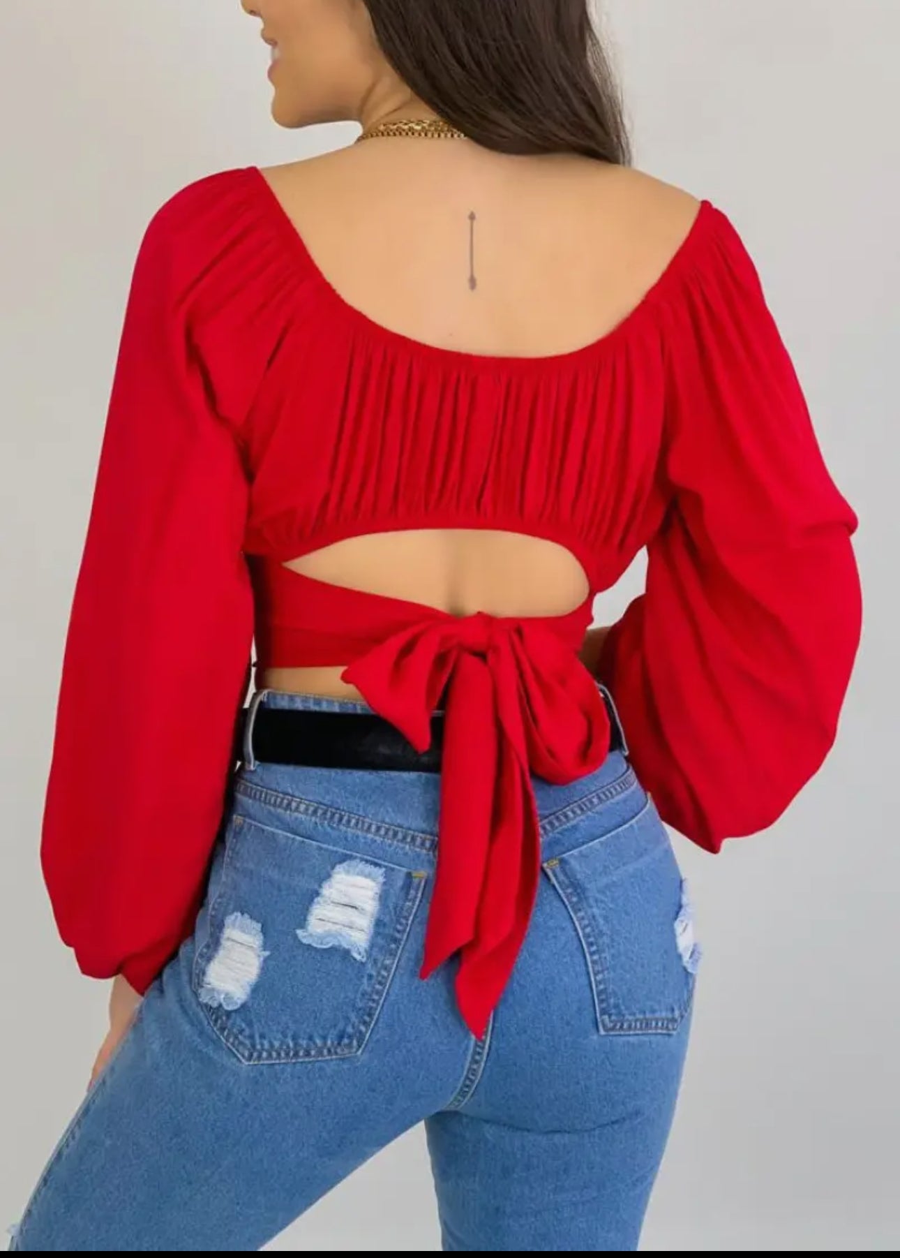 Crop Top Balloon Sleeve Straight-Neck Shirt