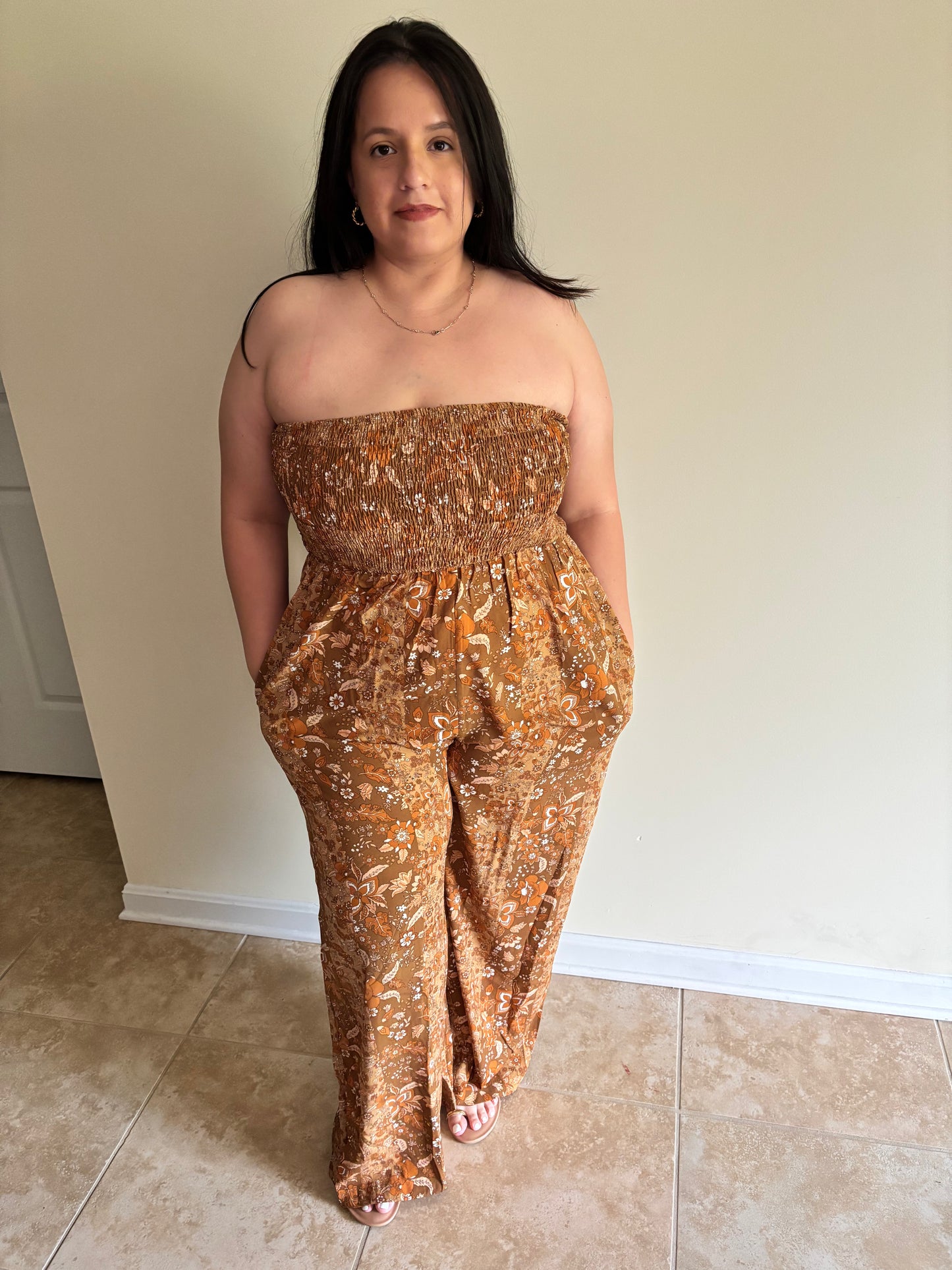 PLUS SIZE SLEEVELESS SMOCK FRONT POCKETS WIDE LEG FLORAL JUMPSUIT