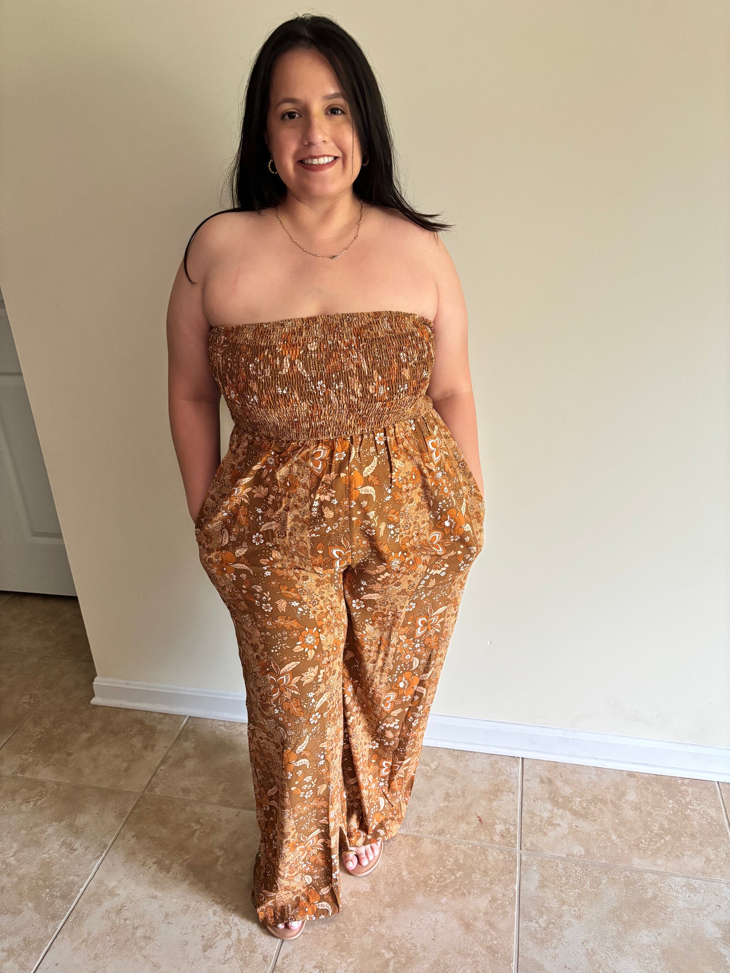 PLUS SIZE SLEEVELESS SMOCK FRONT POCKETS WIDE LEG FLORAL JUMPSUIT