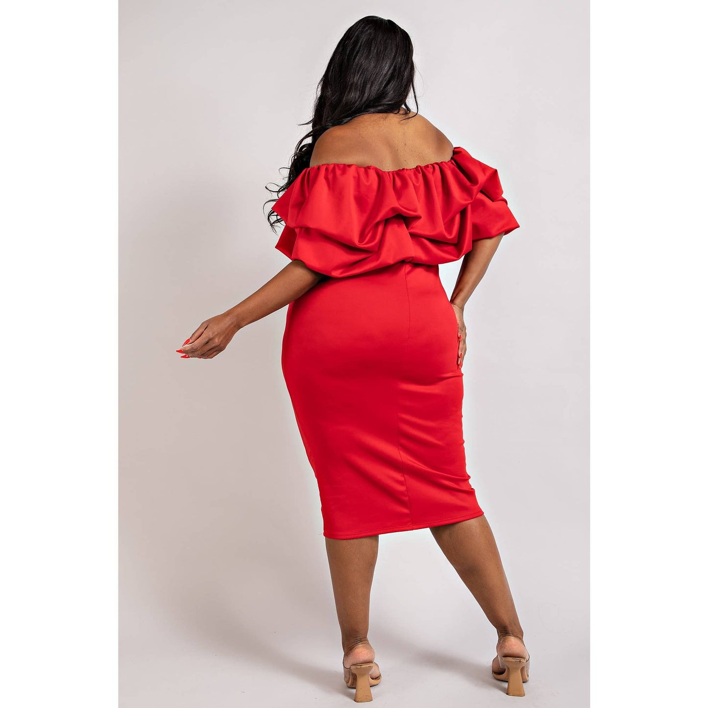 PLUS SIZE MULTI RUFFLE OFF THE SHOULDER DRESS