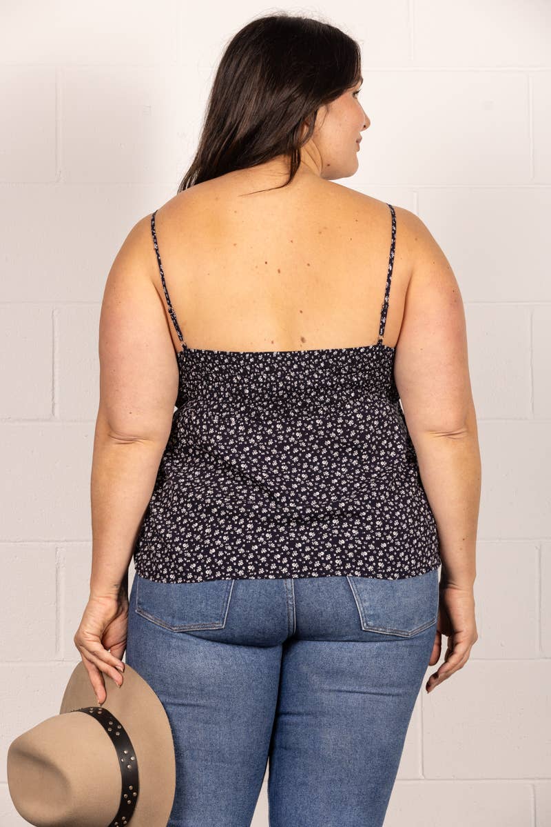 BLACK SELF-TIE FRONT BUTTON CAMI PLUS SIZE TOP