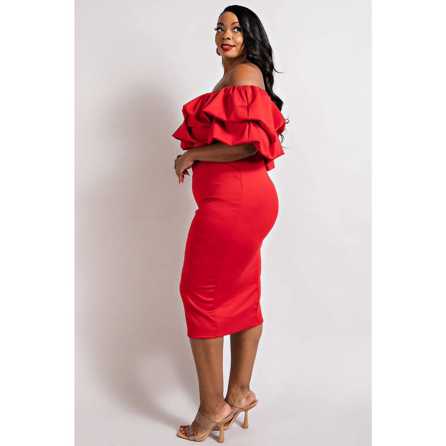 PLUS SIZE MULTI RUFFLE OFF THE SHOULDER DRESS
