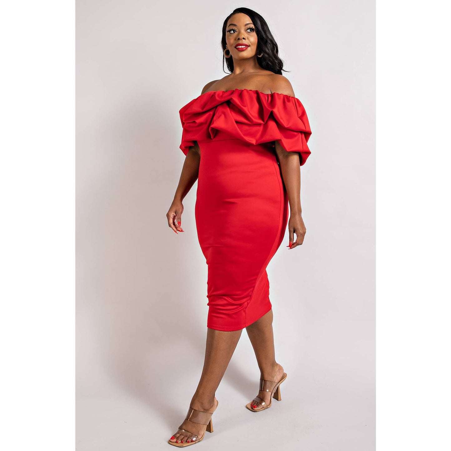 PLUS SIZE MULTI RUFFLE OFF THE SHOULDER DRESS