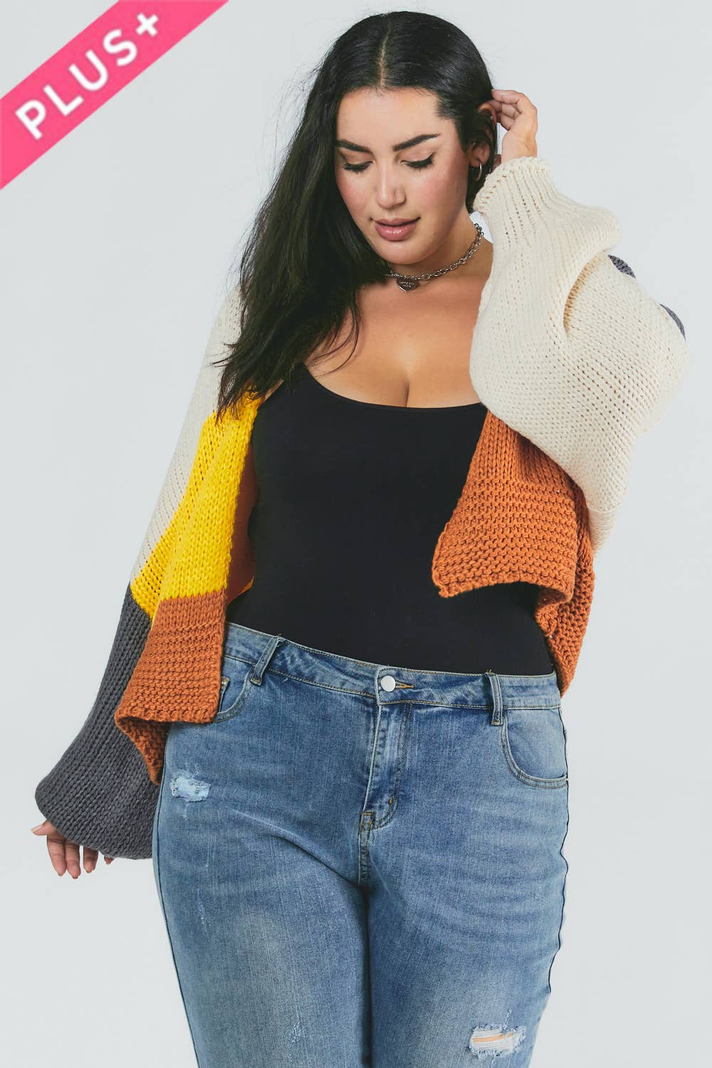 PLUS COLOR BLOCK LONG SLEEVE CARDIGAN