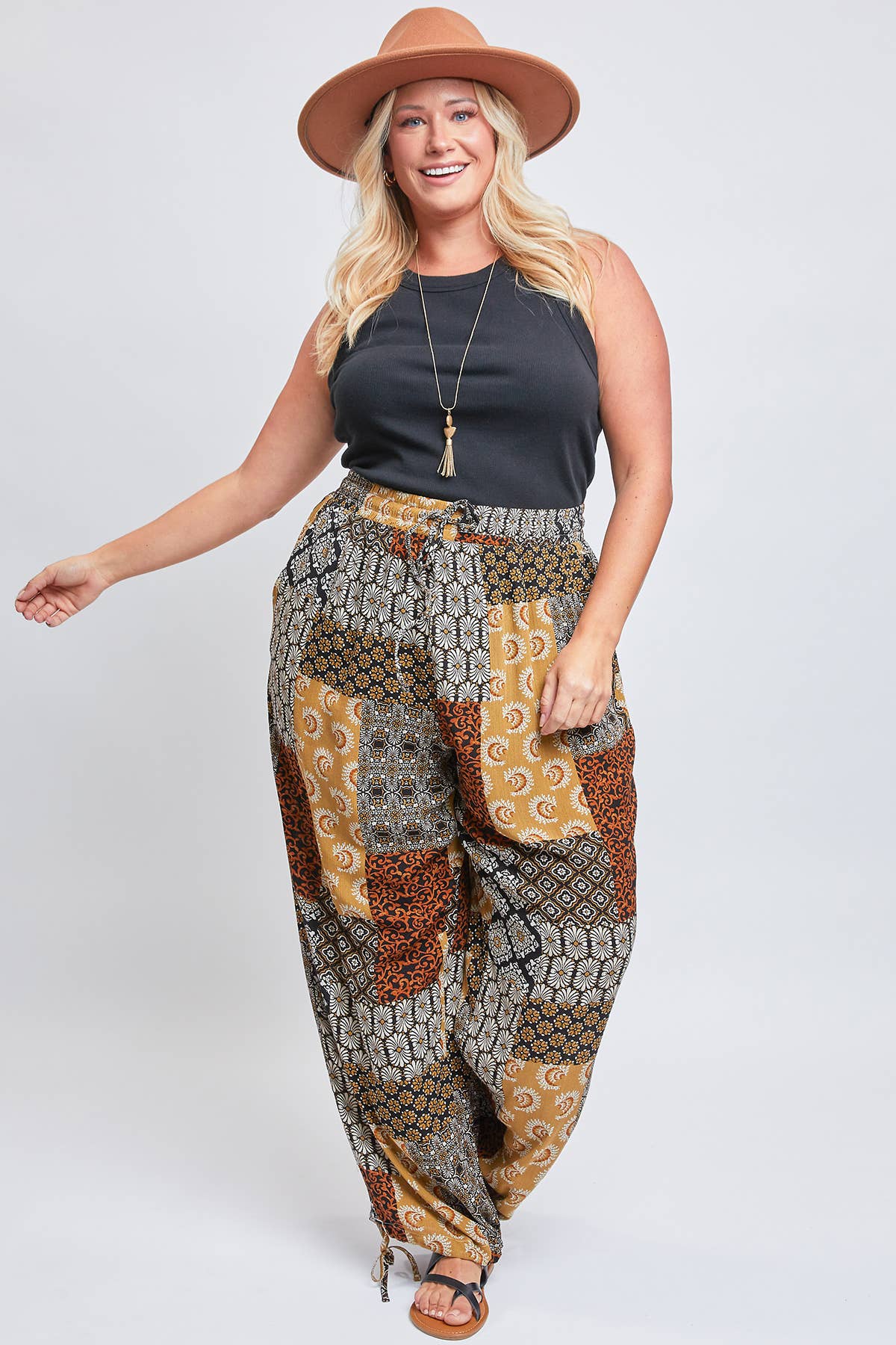 Missy Plus Size Linen Elastic Waist Flood With Drawstring
