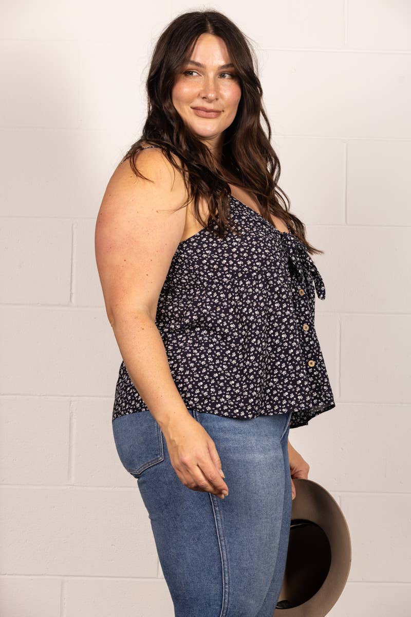 BLACK SELF-TIE FRONT BUTTON CAMI PLUS SIZE TOP