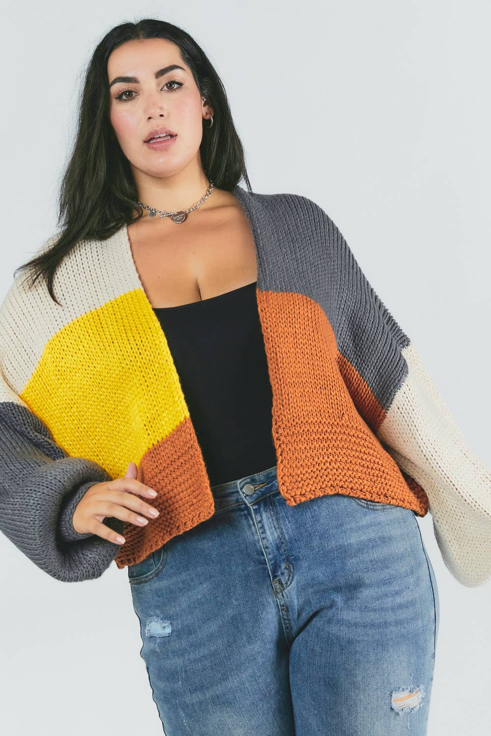 PLUS COLOR BLOCK LONG SLEEVE CARDIGAN