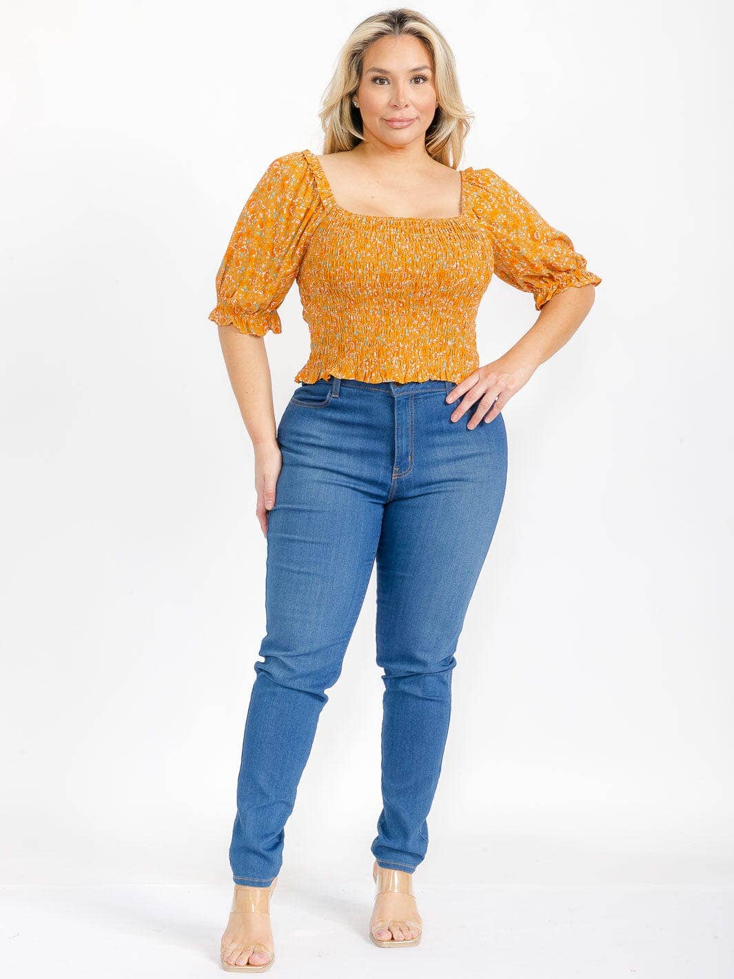 Plus size smocked puff sleeve top
