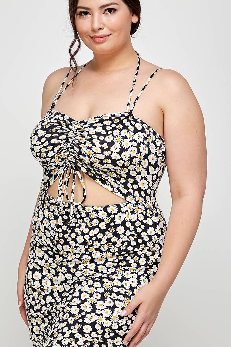 Plus Size Floral Halter Neck Cutout Dress