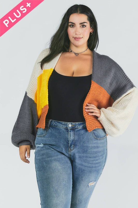 PLUS COLOR BLOCK LONG SLEEVE CARDIGAN