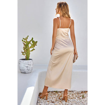 Spaghetti Strap Cowl Neck Split Midi Slit Dress