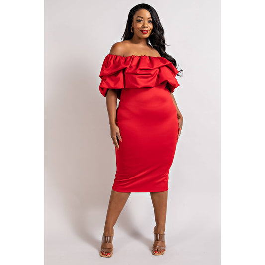 PLUS SIZE MULTI RUFFLE OFF THE SHOULDER DRESS
