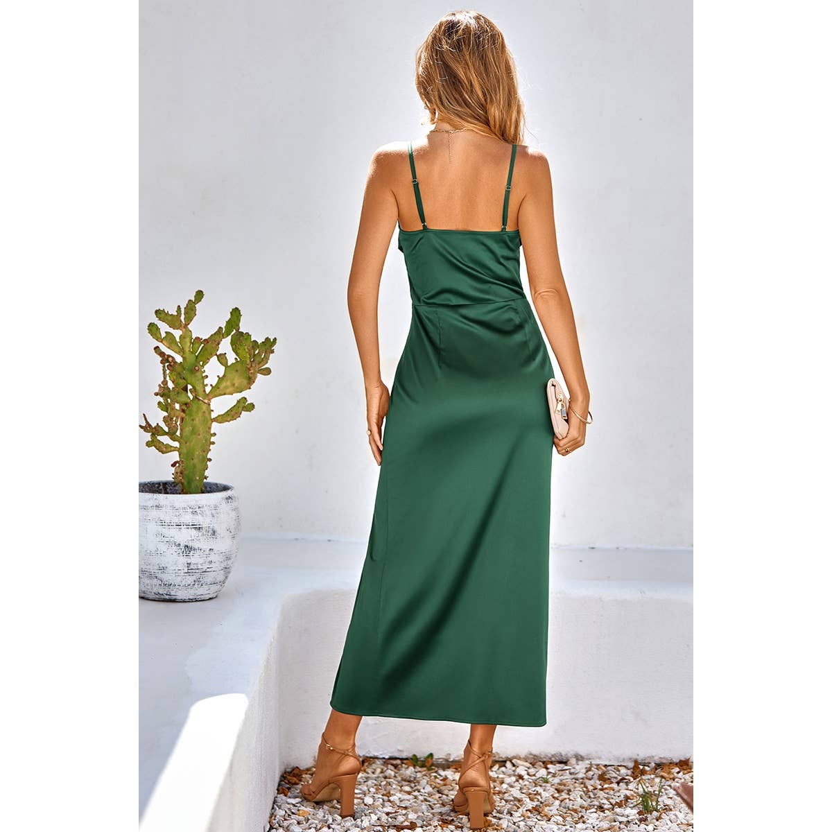 Spaghetti Strap Cowl Neck Split Midi Slit Dress