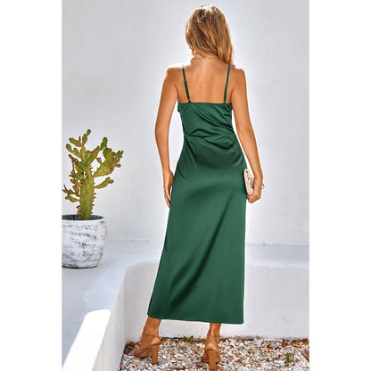 Spaghetti Strap Cowl Neck Split Midi Slit Dress