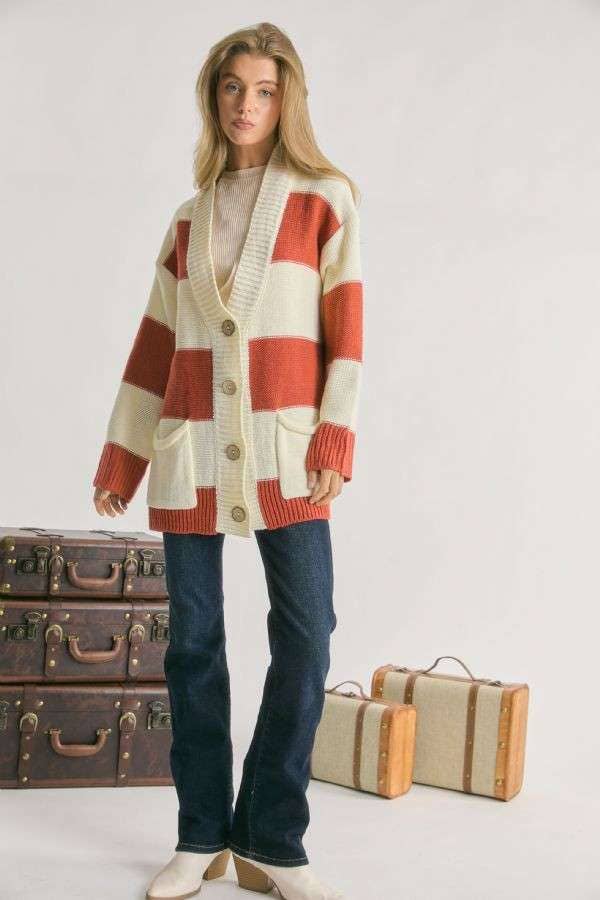 PLUS STRIPE BUTTON DOWN CARDIGAN - Oversize