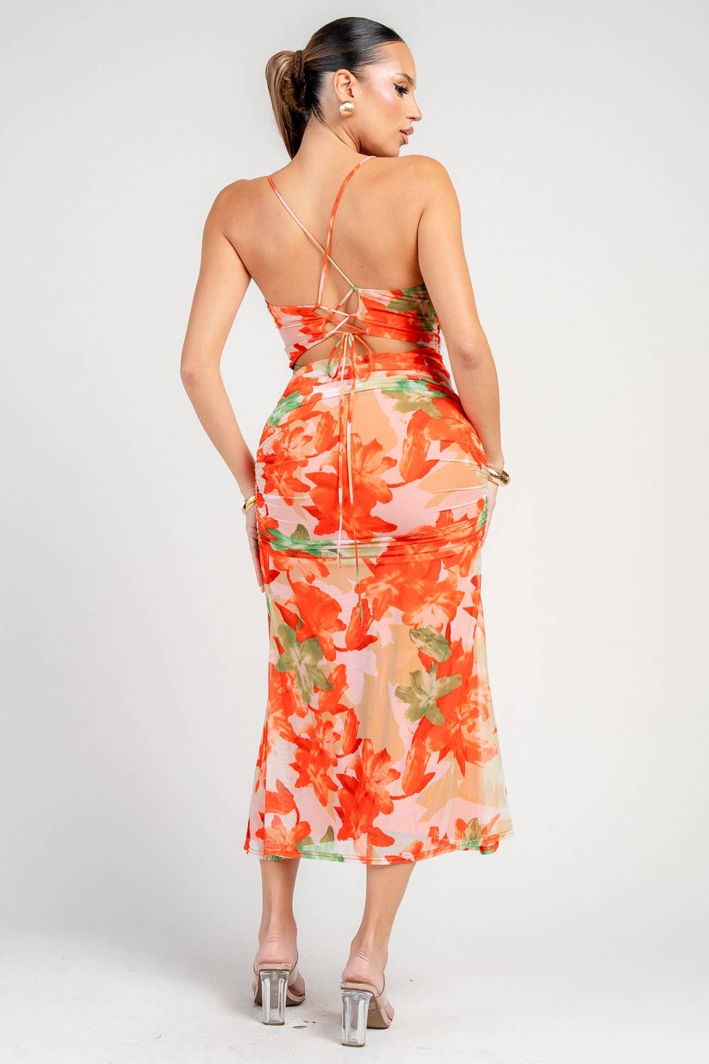 MESH PRINT MIDI DRESS