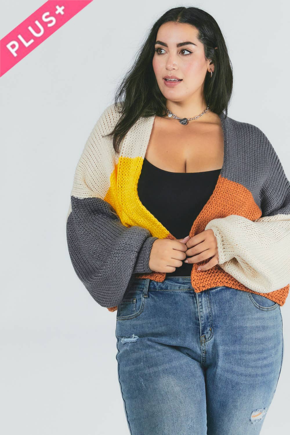 PLUS COLOR BLOCK LONG SLEEVE CARDIGAN