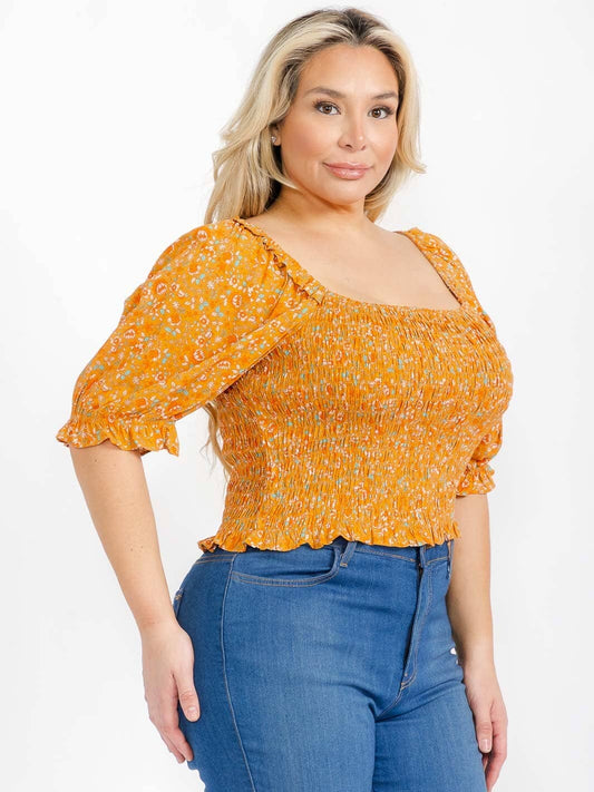 Plus size smocked puff sleeve top