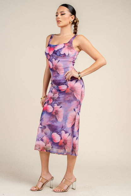 MESH PRINT MIDI DRESS