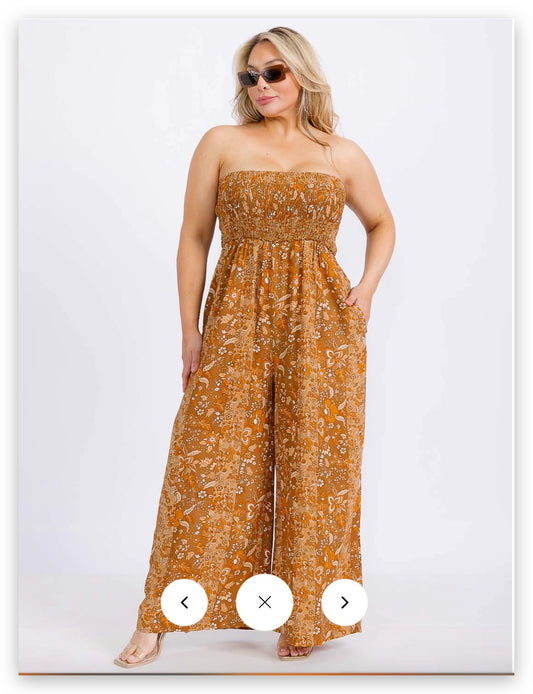 PLUS SIZE SLEEVELESS SMOCK FRONT POCKETS WIDE LEG FLORAL JUMPSUIT