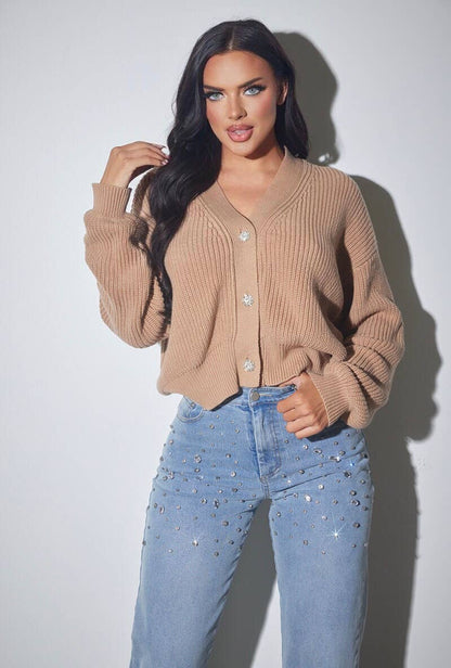 Rhinestone Button Knit Cardigan