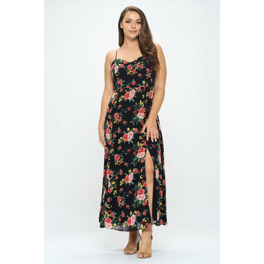 PLUS SIZE FLORAL SLIT SLEEVELESS MAXI DRESS