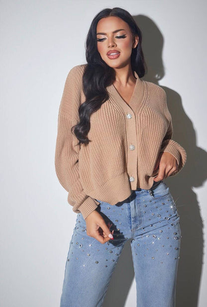Rhinestone Button Knit Cardigan