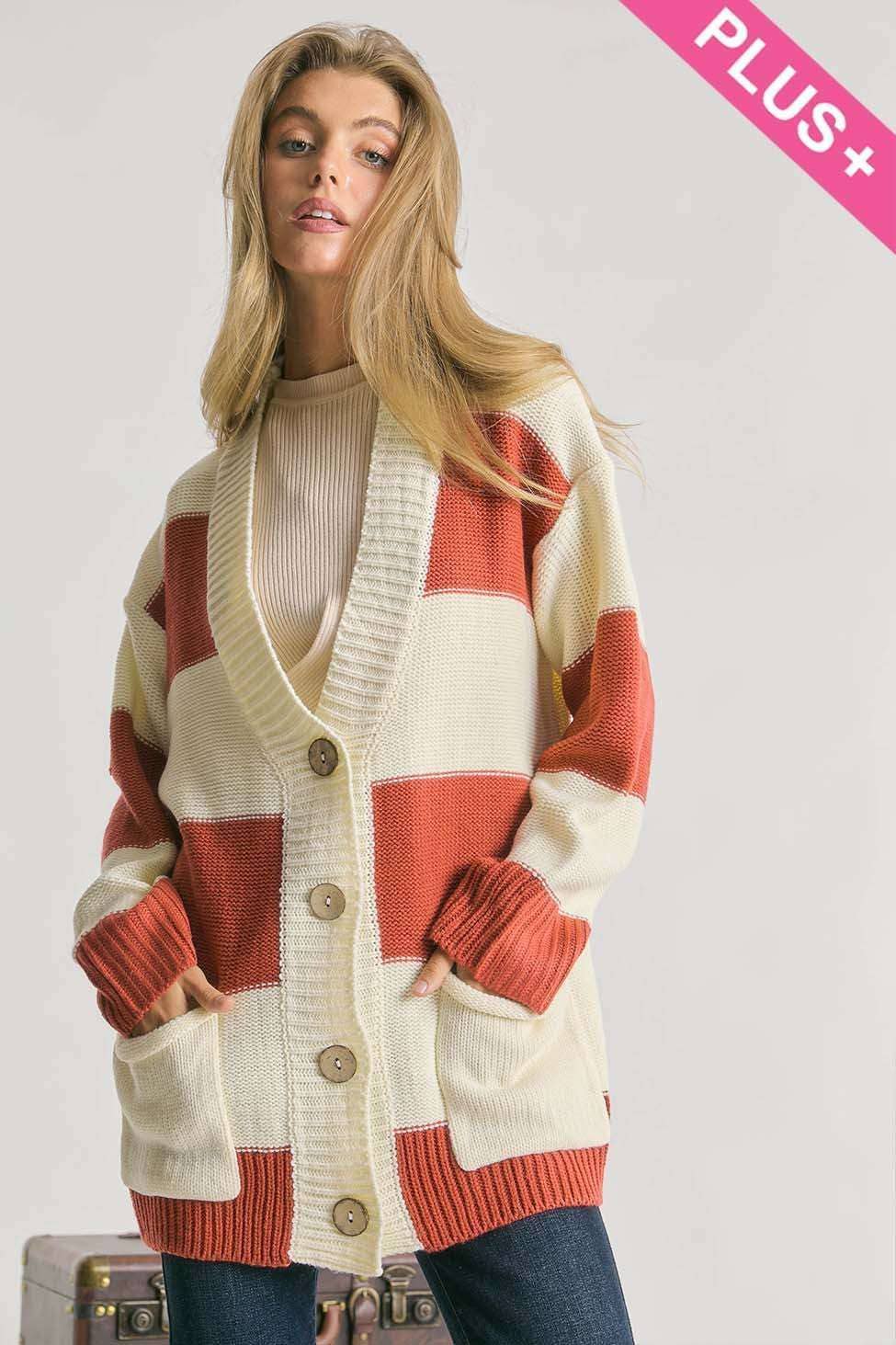 PLUS STRIPE BUTTON DOWN CARDIGAN - Oversize