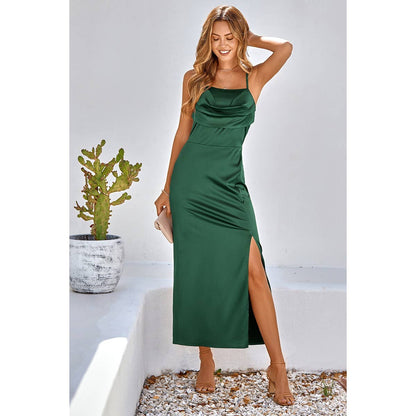 Spaghetti Strap Cowl Neck Split Midi Slit Dress