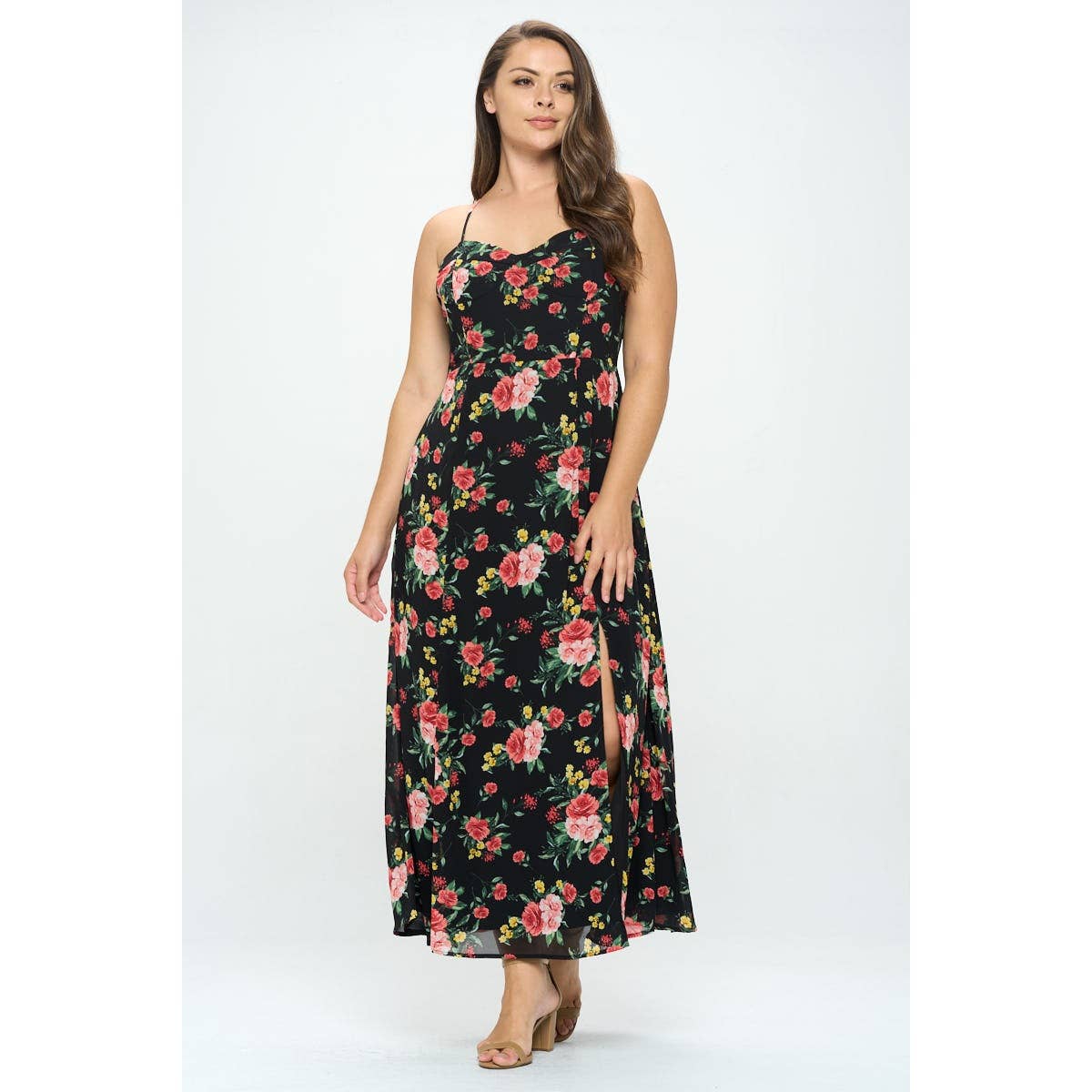 PLUS SIZE FLORAL SLIT SLEEVELESS MAXI DRESS