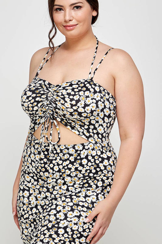 Plus Size Floral Halter Neck Cutout Dress